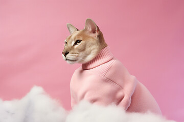 Sticker - Generated ai collage of unusual anthropomorphic lioness wild cat wear fashionable outfit over pink background