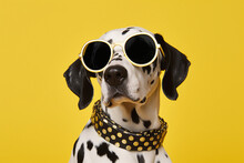 Advert Collage Generated By Ai Of Cool Black White Spotted Dalmation Dog With Fashionable Collar On Yellow Background