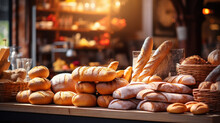Different Bread Loaves And Baguettes On Bakery Shop