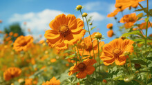 Beautiful Orange Cosmos Flowers In The Field On A Sunny Summer Day