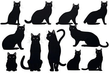 Set of silhouettes of black cats on a white background.