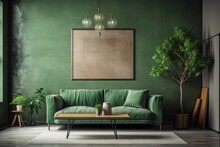 In The Interior Of A Contemporary Living Room With A Green Leather Sofa And Armchair, A Floor Lamp, And Branches In A Vase On A Wooden Coffee Table, There Is A Horizontal Blank Poster On A Green Concr