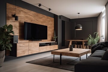 Wall Mural - In the living area, there is a giant display TV set and a black cabinet design. Generative AI