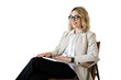 © muse studio - Psychologist with glasses smart woman sitting in a chair using a laptop. Online training student education on the website .  transparent background, png.