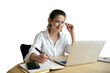 © muse studio - The administrator in glasses is a smart woman sitting at work using a laptop. Online training student education on the website .  transparent background, png.