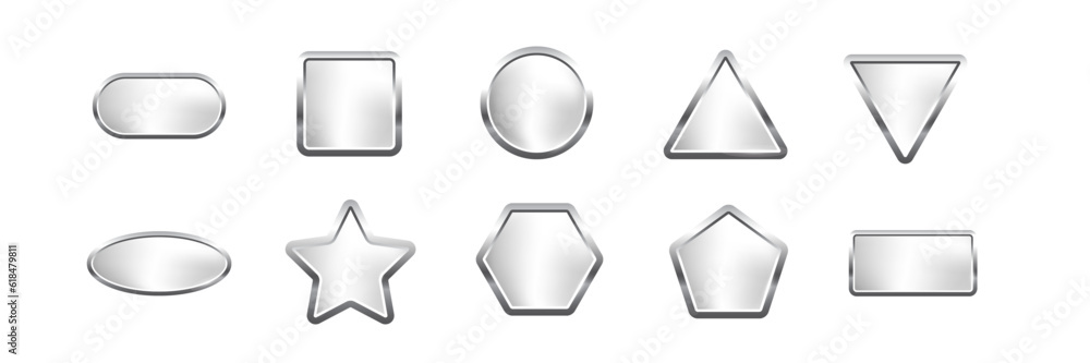 Silver buttons of different geometric shapes with frames and shine ...