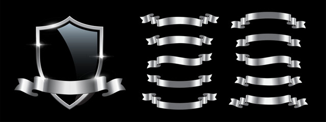 Black glass shield with silver ribbons set of different shapes, 3d glossy insignia or prize