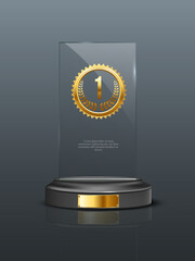 glass champion award realistic vector illustration. crystal prize with blank golden medals 3d isolat
