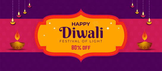 Wall Mural - traditional Happy Diwali Festival of lights sale banner with realistic diya for Diwali decoration Sale promotion advertisement background