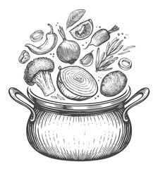 cooking pot with fresh vegetable ingredients isolated. organic healthy food and casserole. sketch il