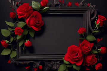 Frame with red flower copy space red roses on dark textured grange background. Bouquet of garden flowers, Ai generative