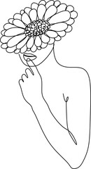 Wall Mural - Woman Face with Flowers Line Art Drawing. Continuous One Line Drawing of Flowers on Female Head Minimalist Style. Vector Illustration for Nature Cosmetic, Print. Minimalist Black White Drawing
