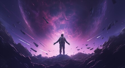 Wall Mural - astronaut on rock surface with space background ,astronaut walk on the moon wear cosmosuit. future c
