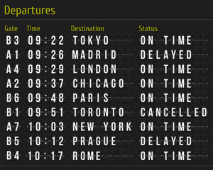 Airport board. Mechanical scoreboard. Realistic scoreboard with flip symbols. Vector template for your design.