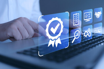 The certification concept meets the requirements and standards. Businessman and quality assurance icon on virtual screen Standard Certification