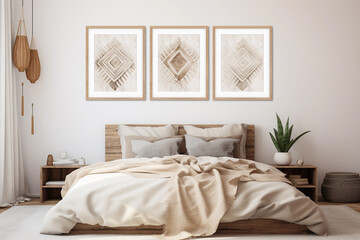 Modern boho bedrroom with neutral beige wall art, set of 3 posters. Contemporary interior design with white wall color, bed and pillows.