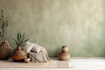 Wall Mural - Textured sage green empty wall with copy space. Monochrome room with rustic decor. Wall scene mockup product for showcase,