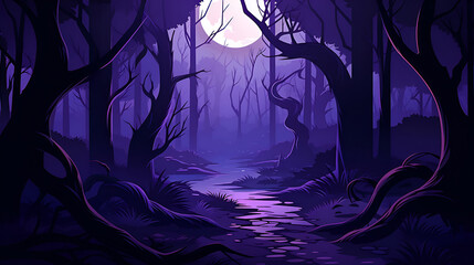 Wall Mural - Realistic halloween background with creepy landscape of night sky fantasy forest in moonlight. AI illustration.