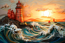 Sunset Sea Coast With A Lighthouse Stunning Layered Paper Cut. Generative AI 