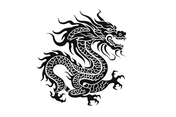 Wall Mural - Chinese dragon artwork black line stencil isolated on white PNG