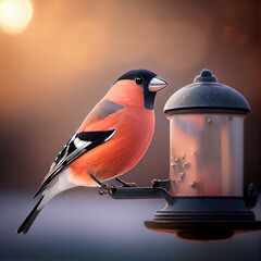 Wall Mural - Bullfinch at the feeder. Generative AI.