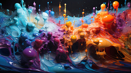 Wall Mural - Illustration of a.rainbow color paint bubbles on black background Generative AI.