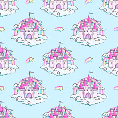 Wall Mural - Fairy tale castle in clouds with rainbow behind, seamless pattern, background