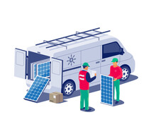 Solar Panels Installation Service. Construction Technician Workers With Van Vehicle Car Installing The Renewable Power Energy System To Grid. Clean Electricity Production. Isolated Vector Illustration