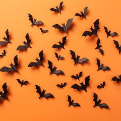 halloween decorations concept - many black paper bats on orange background AI generated