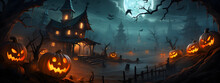 Behold The Haunted House And Halloween Pumpkin, A Symbol Of Spooky Delights! With A Mischievous Grin And Glowing Eyes, It Exudes A Festive Charm. AI Generated