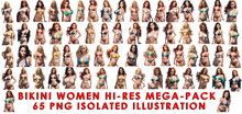 Set Of Cute Sexy Woman In Bikini Swimsuit. Collection Of 65 Illustrations, PNG Isolated Transparent Background Anime Style Cartoon Collage