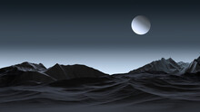 Mountain Rocks And A Planet In The Sky, A Gloomy Landscape. A Dark Gloomy Landscape Of Rocky Stone Reliefs And A Planet In The Sky. Abstraction. 3D Render.
