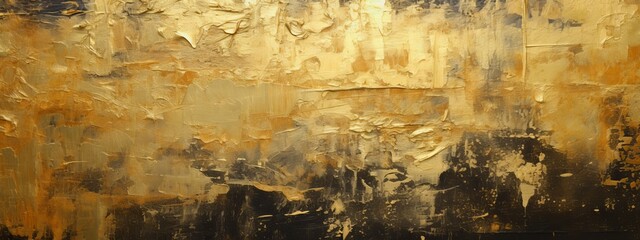 Aufkleber - Closeup of abstract rough black gold art painting texture, with oil brushstroke, pallet knife paint on canvas (Generative Ai)