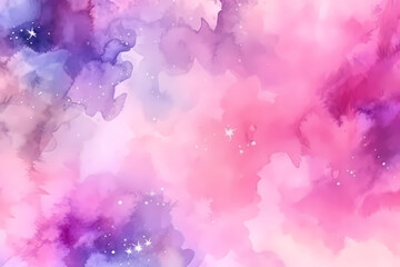 Wall Mural - Pink and purple watercolor space background. View of universe with copy space. Nebula illustration.