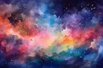 Wall Mural - Purple, orange and pink watercolor galaxy background with stars. View of universe with copy space. Nebula illustration.