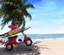 Red Scooter With Luggage And Pink Flamingo On Beautiful Sand Beach Under The Palm Tree. 3D Rendering, 3D Illustration