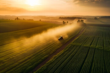 View of Tractor Spraying Pesticides on Soybean Fields.  Generative AI