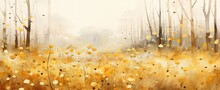 Watercolor Style Illustration Yellow Autumn Woods Banner Background, Generative Ai