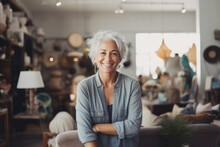 Portrait Of A Smiling Woman With Grey Hair, Small Business Owner In Her Furniture Store
