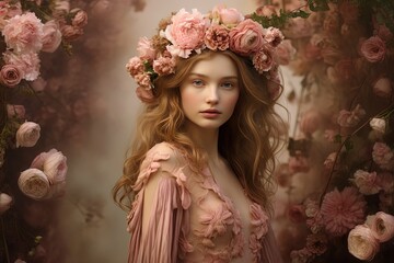 pretty woman walking in pink rose flower garden, Generative Ai
