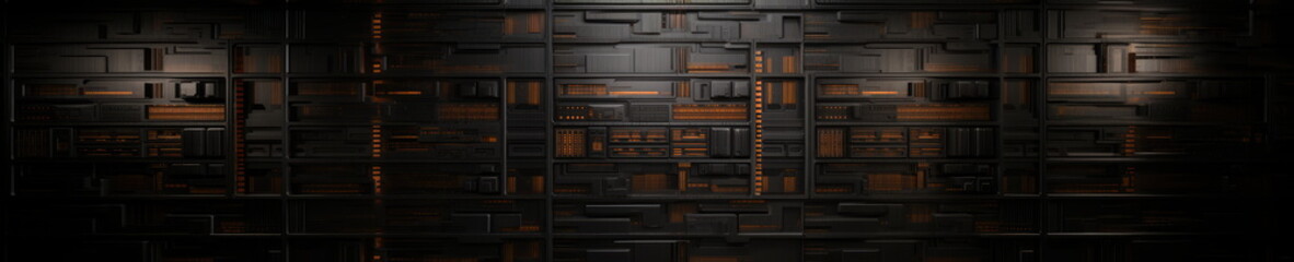 scifi cyber space age material multifunctional background wall . wide format panel design. dark gala