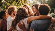 © Nataliya - A group of friends huddled together, arms around each other, cheering and celebrating a special moment Generative AI