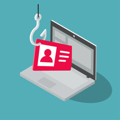 Poster - Identity fraud symbol with a fishing hook stealing someone personal information from his laptop computer. Flat design, easy to use for your website or presentation.