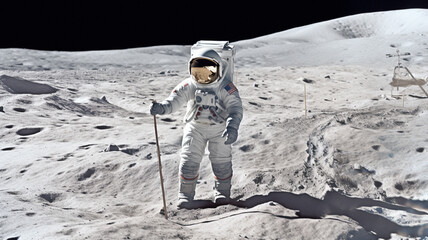 Wall Mural - astronaut, person and moon surface exploration for solar system, universe or planet landing. ai gene