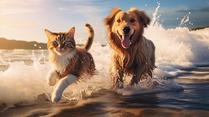 Poster - cat and dot running at seashore with water splash, Generative Ai