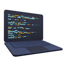3d Laptop And Program Code Development. Web Coding Concept. Coding Screen 3d Rendering. 3d Rendering Of Laptop. 3d Render Illustration