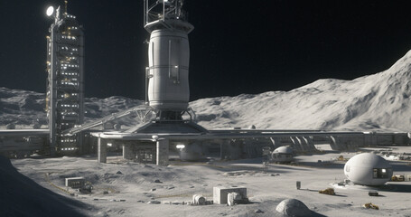 Wall Mural - lunar, city and futuristic architecture in space for science research, astronomy and galaxy explorat