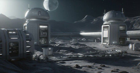 Wall Mural - lunar, buildings and futuristic architecture in space for science research, astronomy and galaxy exp