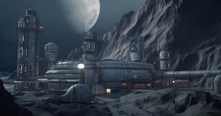 Wall Mural - moon, buildings and futuristic infrastructure in space for science research, astronomy and galaxy ex