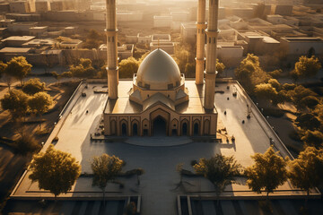 Wall Mural - Aerial drone view of islamic muslim mosque, eid mubarak ramadan  celebration